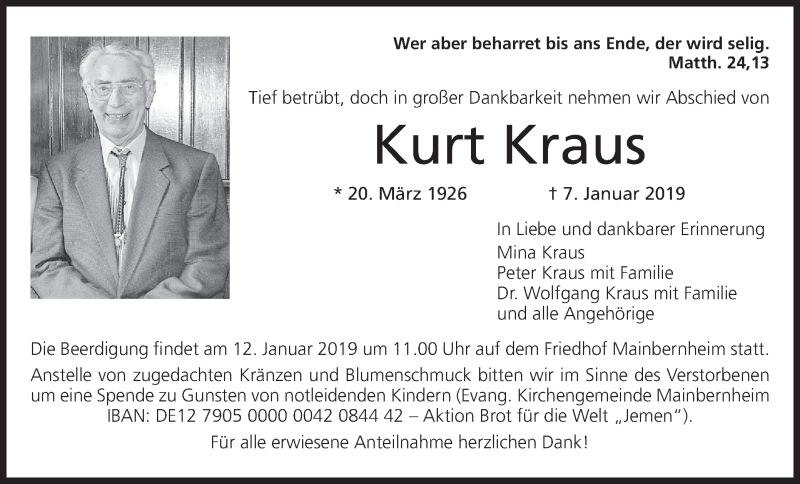  Traueranzeige für Kurt Kraus vom 09.01.2019 aus MGO