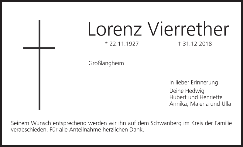 Traueranzeige für Lorenz Vierrether vom 05.01.2019 aus MGO