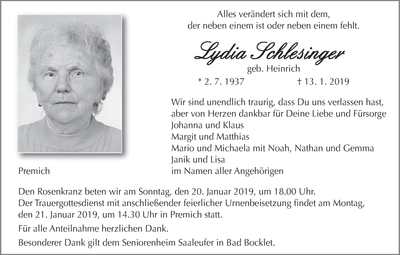  Traueranzeige für Lydia Schlesinger vom 15.01.2019 aus MGO