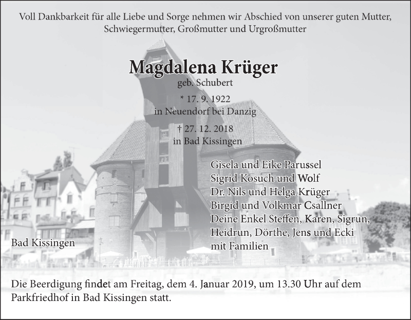  Traueranzeige für Magdalena Krüger vom 02.01.2019 aus MGO