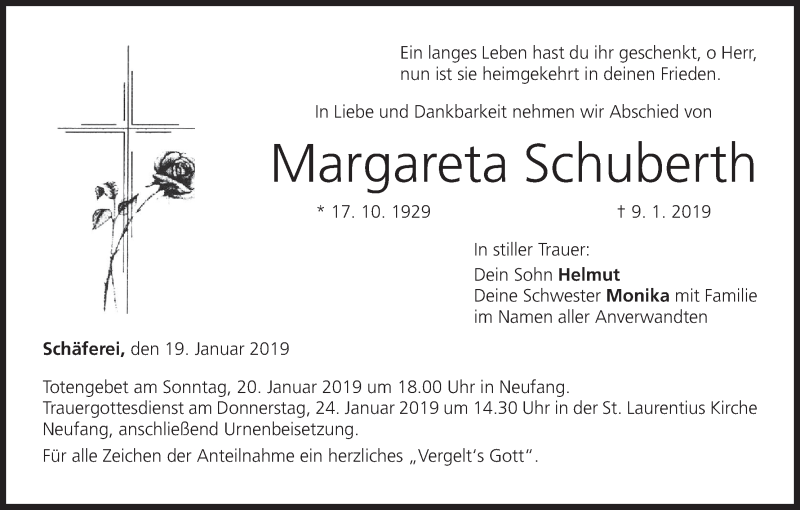  Traueranzeige für Margareta Schuberth vom 19.01.2019 aus MGO