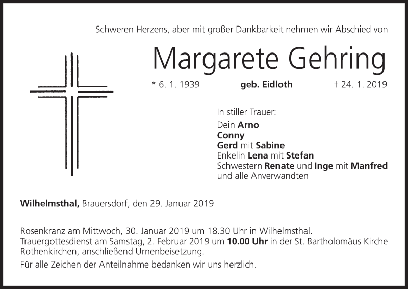  Traueranzeige für Margarete Gehring vom 29.01.2019 aus MGO