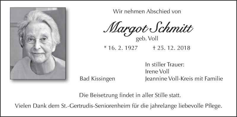  Traueranzeige für Margot Schmitt vom 04.01.2019 aus MGO