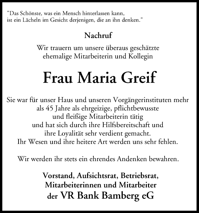  Traueranzeige für Maria Greif vom 19.01.2019 aus MGO