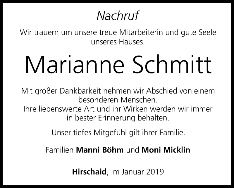 Traueranzeige für Marianne Schmitt vom 26.01.2019 aus MGO