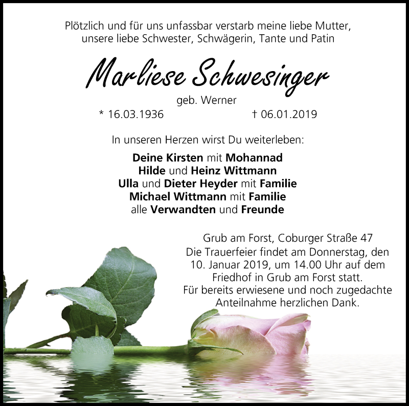  Traueranzeige für Marliese Schwesinger vom 09.01.2019 aus MGO