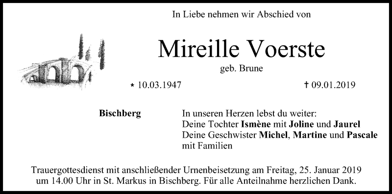  Traueranzeige für Mireille Voerste vom 19.01.2019 aus MGO