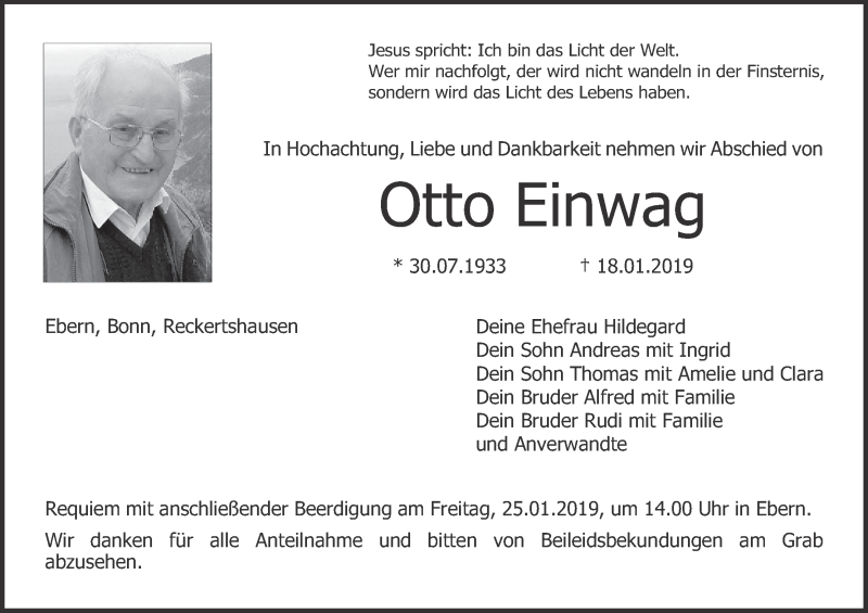  Traueranzeige für Otto Einwag vom 23.01.2019 aus MGO