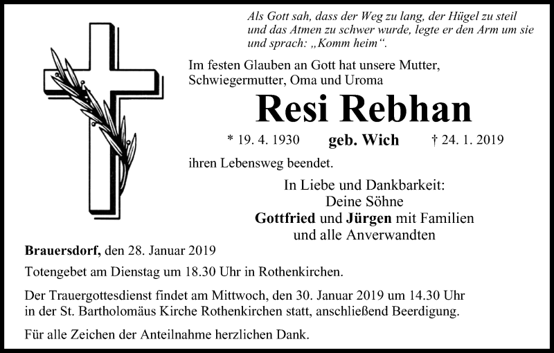  Traueranzeige für Resi Rebhan vom 28.01.2019 aus MGO