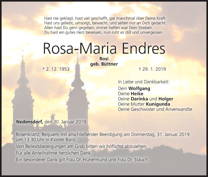  Traueranzeige für Rosa-Maria Endres vom 30.01.2019 aus MGO