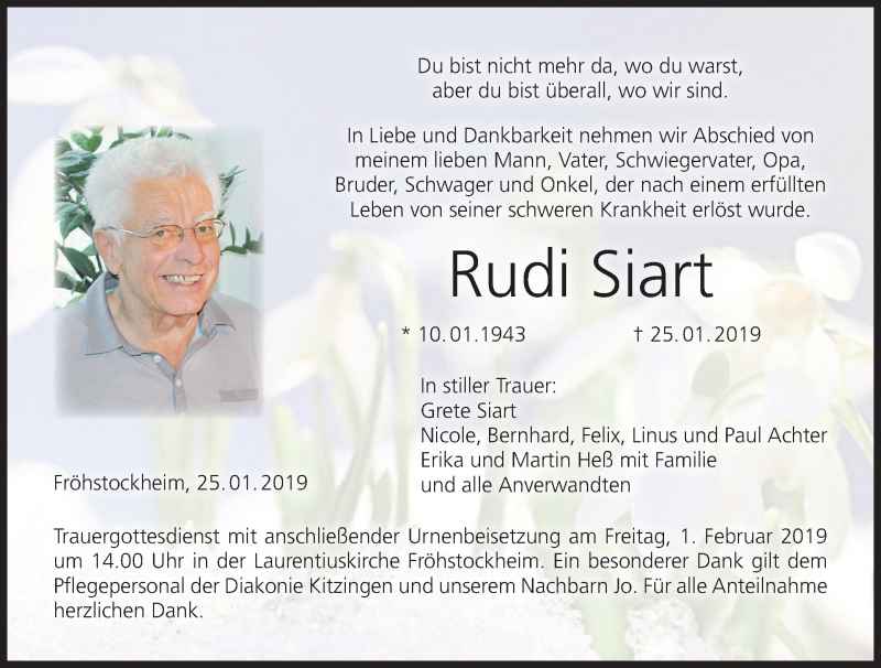  Traueranzeige für Rudi Siart vom 29.01.2019 aus MGO