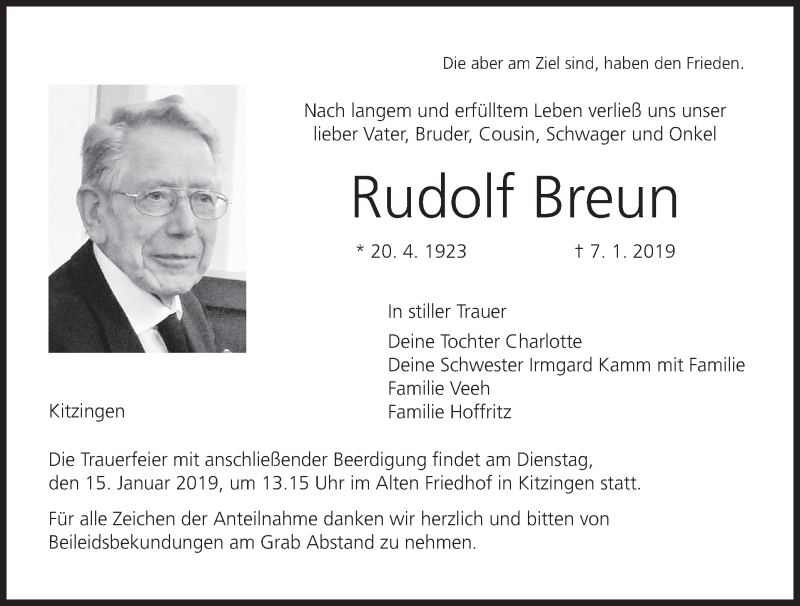  Traueranzeige für Rudolf Breun vom 12.01.2019 aus MGO
