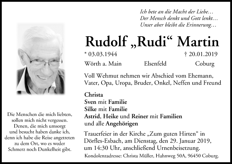  Traueranzeige für Rudolf Martin vom 26.01.2019 aus MGO