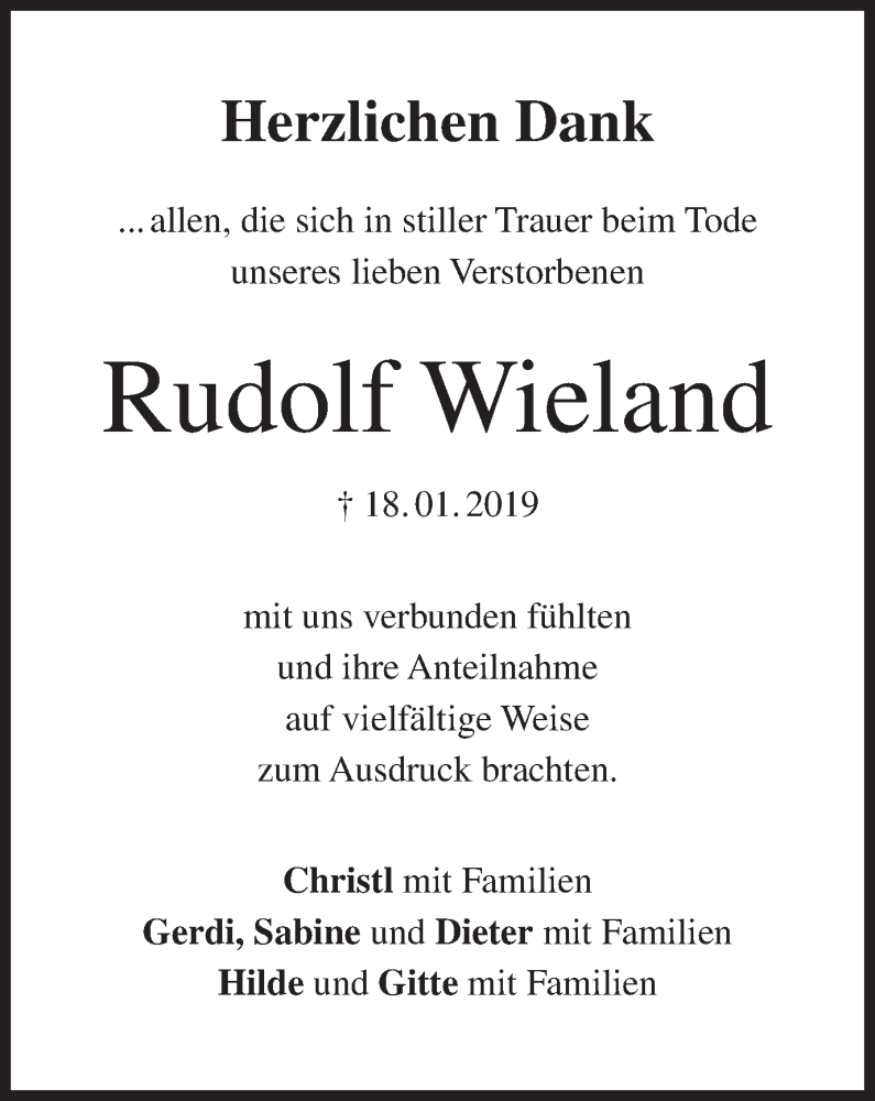  Traueranzeige für Rudolf Wieland vom 28.01.2019 aus MGO