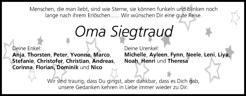  Traueranzeige für Siegtraud Dinkel vom 09.01.2019 aus MGO