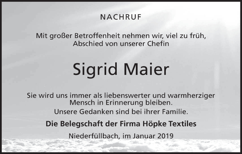  Traueranzeige für Sigrid Maier vom 05.01.2019 aus MGO