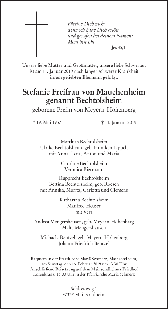  Traueranzeige für Stefanie Freifrau von Mauchenheim vom 26.01.2019 aus MGO
