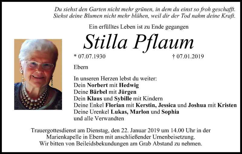  Traueranzeige für Stilla Pflaum vom 19.01.2019 aus MGO