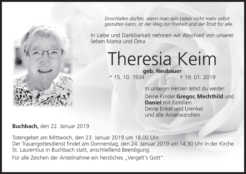  Traueranzeige für Theresia Keim vom 22.01.2019 aus MGO