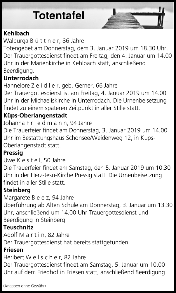  Traueranzeige für Totentafel vom 03.01.2019 vom 03.01.2019 aus MGO