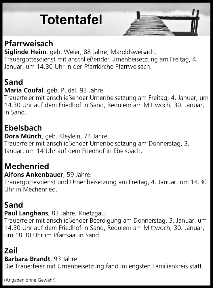  Traueranzeige für Totentafel vom 03.01.2019 vom 03.01.2019 aus MGO