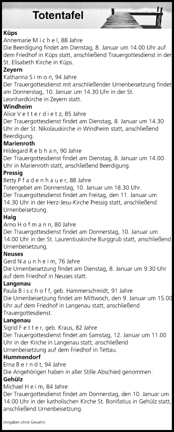 Anzeige von Totentafel vom 08.01.2019 von MGO