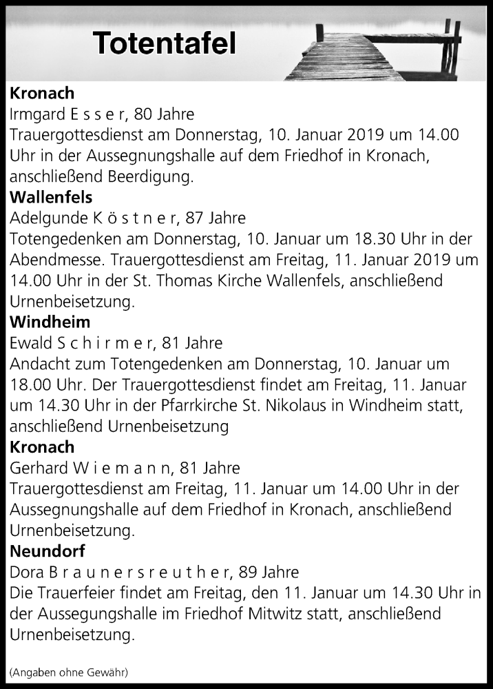  Traueranzeige für Totentafel vom 09.01.2019 vom 09.01.2019 aus MGO