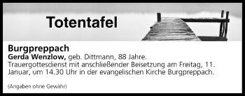 Anzeige von Totentafel vom 11.01.2019 von MGO