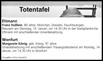 Anzeige von Totentafel vom 12.01.2019 von MGO