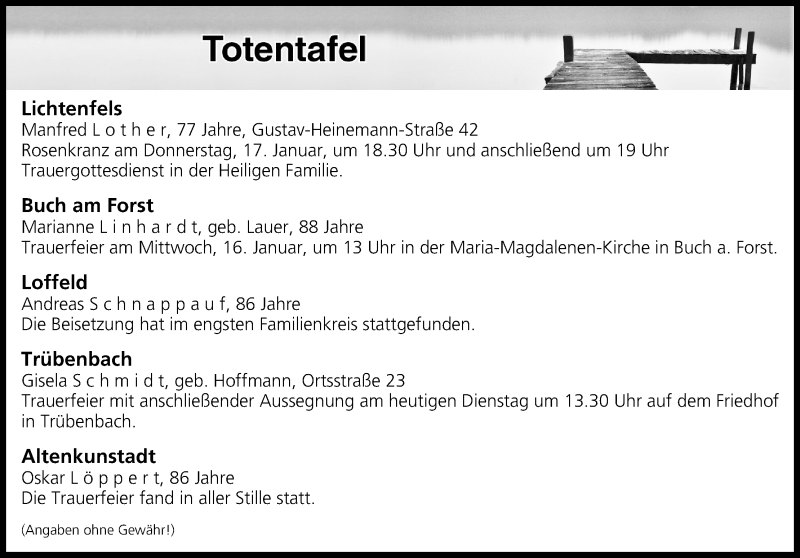  Traueranzeige für Totentafel vom 15.01.2019 vom 15.01.2019 aus MGO