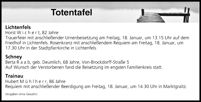  Traueranzeige für Totentafel vom 17.01.2019 vom 17.01.2019 aus MGO