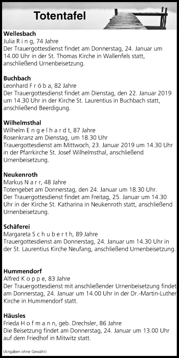 Anzeige von Totentafel vom 22.01.2019 von MGO