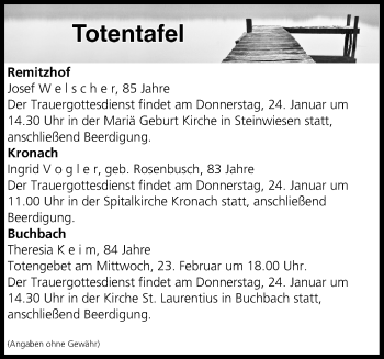Anzeige von Totentafel vom 23.01.2019 von MGO