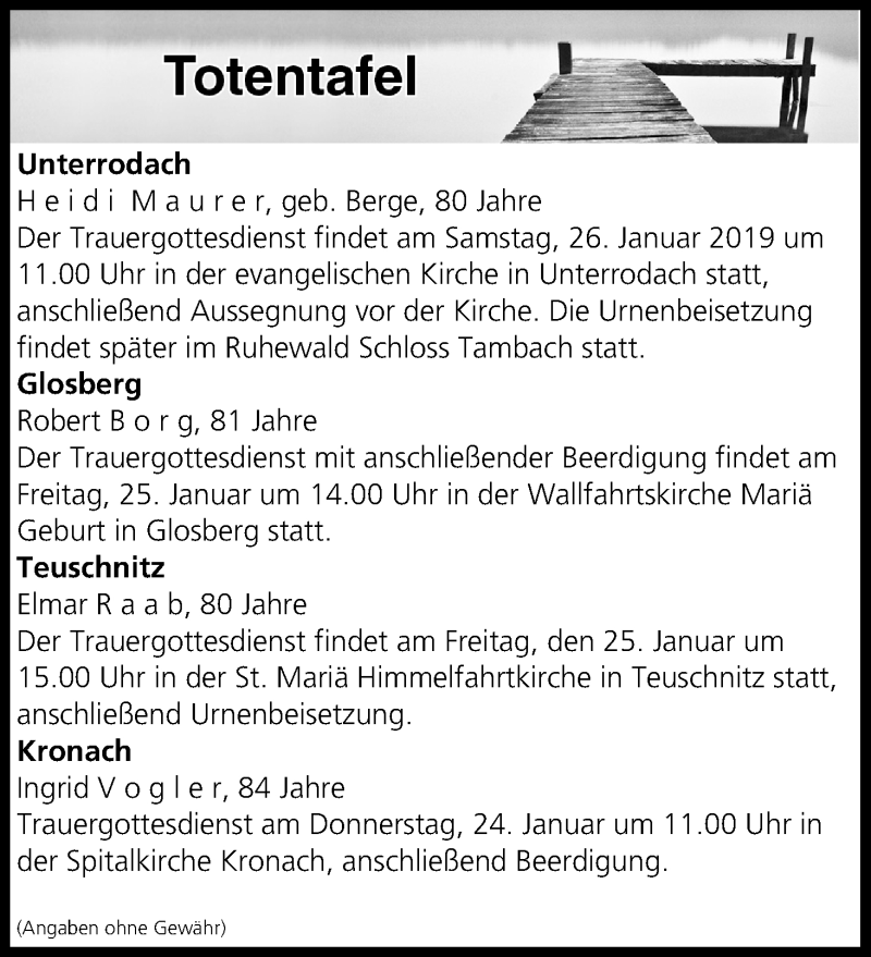  Traueranzeige für Totentafel vom 24.01.2019 vom 24.01.2019 aus MGO