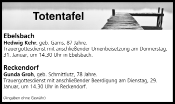 Anzeige von Totentafel vom 29.01.2019 von MGO