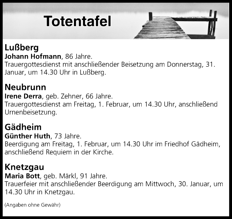  Traueranzeige für Totentafel vom 30.01.2019 vom 30.01.2019 aus MGO