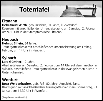 Anzeige von Totentafel vom 31.01.2019 von MGO