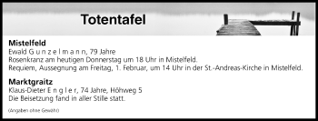 Anzeige von Totentafel vom 31.01.2019 von MGO