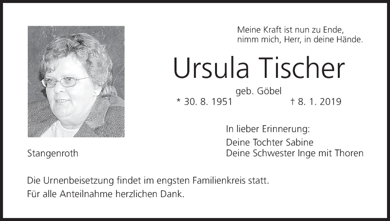  Traueranzeige für Ursula Tischer vom 12.01.2019 aus MGO