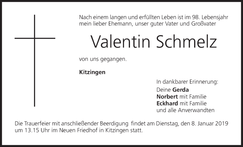  Traueranzeige für Valentin Schmelz vom 05.01.2019 aus MGO