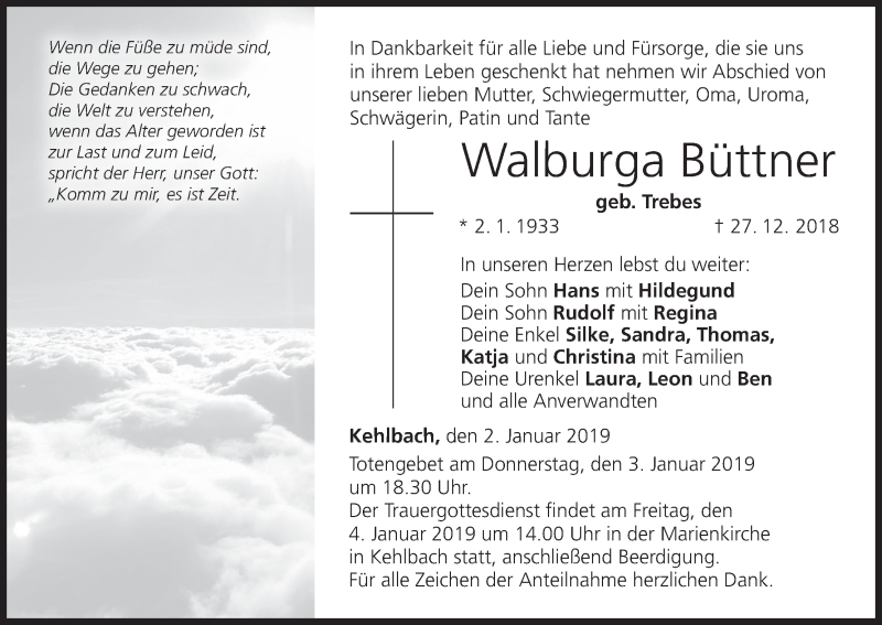  Traueranzeige für Walburga Büttner vom 02.01.2019 aus MGO