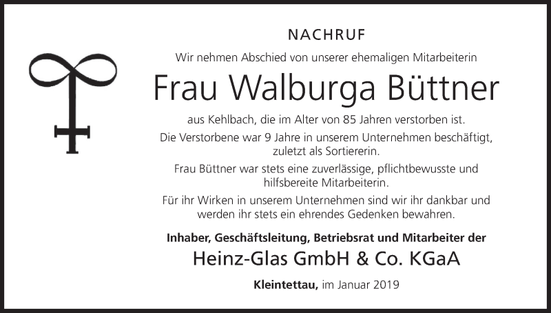  Traueranzeige für Walburga Büttner vom 09.01.2019 aus MGO