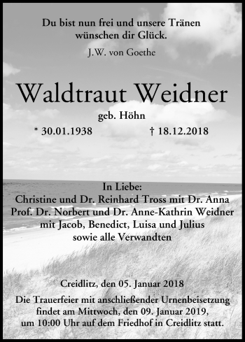 Anzeige von Waldtraut Weidner von MGO