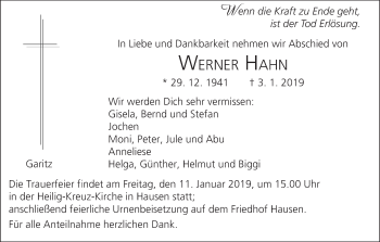 Anzeige von Werner Hahn von MGO