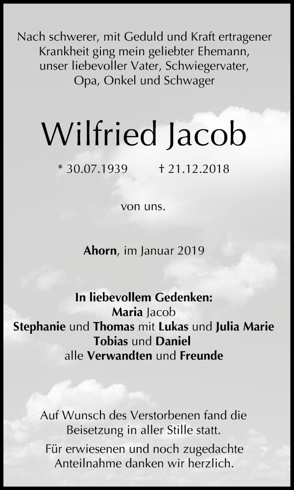  Traueranzeige für Wilfried Jacob vom 05.01.2019 aus MGO