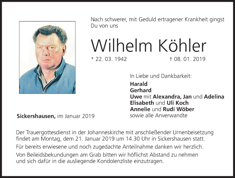  Traueranzeige für Wilhelm Köhler vom 19.01.2019 aus MGO