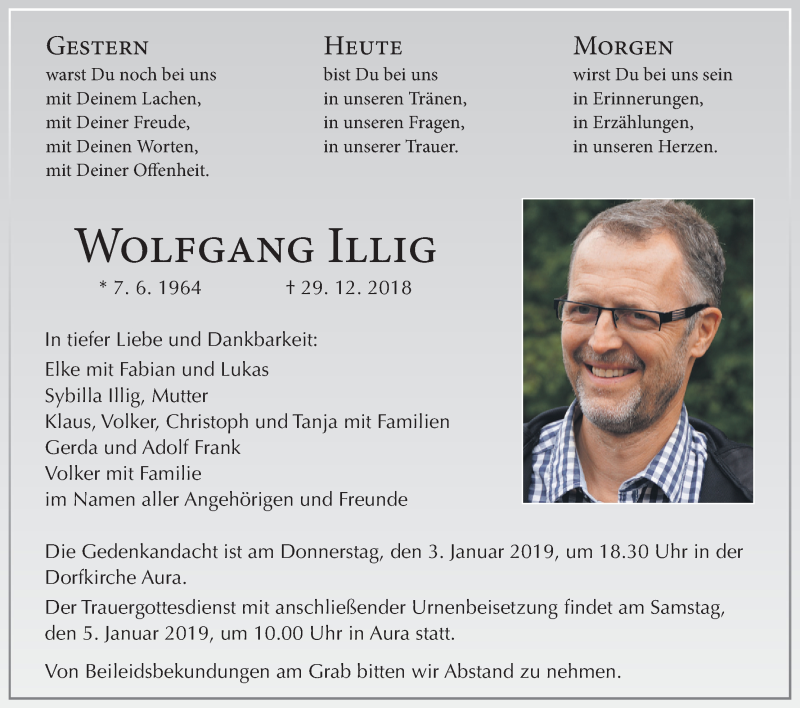  Traueranzeige für Wolfgang Illig vom 02.01.2019 aus MGO