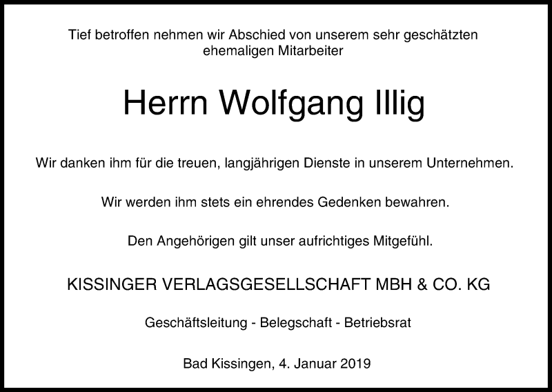  Traueranzeige für Wolfgang Illig vom 04.01.2019 aus MGO