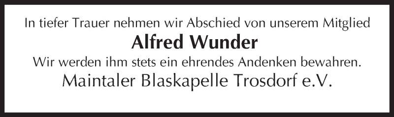  Traueranzeige für Alfred Wunder vom 26.10.2019 aus MGO