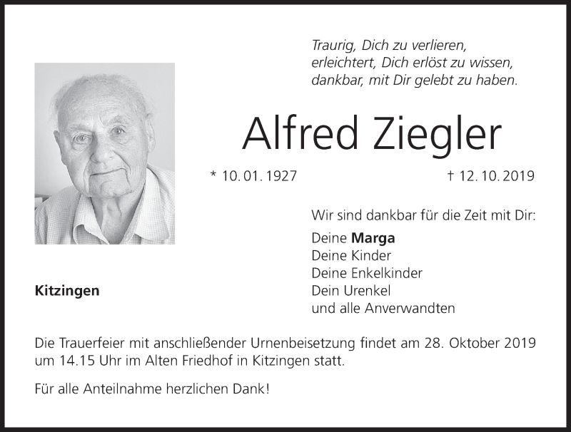  Traueranzeige für Alfred Ziegler vom 19.10.2019 aus MGO